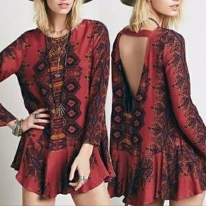 Free People Orange Crepe Tunic Ruffled Low V-back Small Xtra short Mini Dress